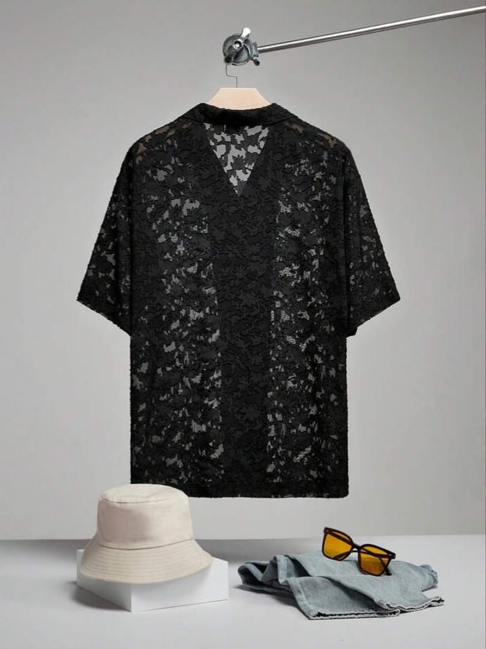 Uptown Funky Men's Loose Black Floral Texture Short Sleeve Vacation Casual Shirt